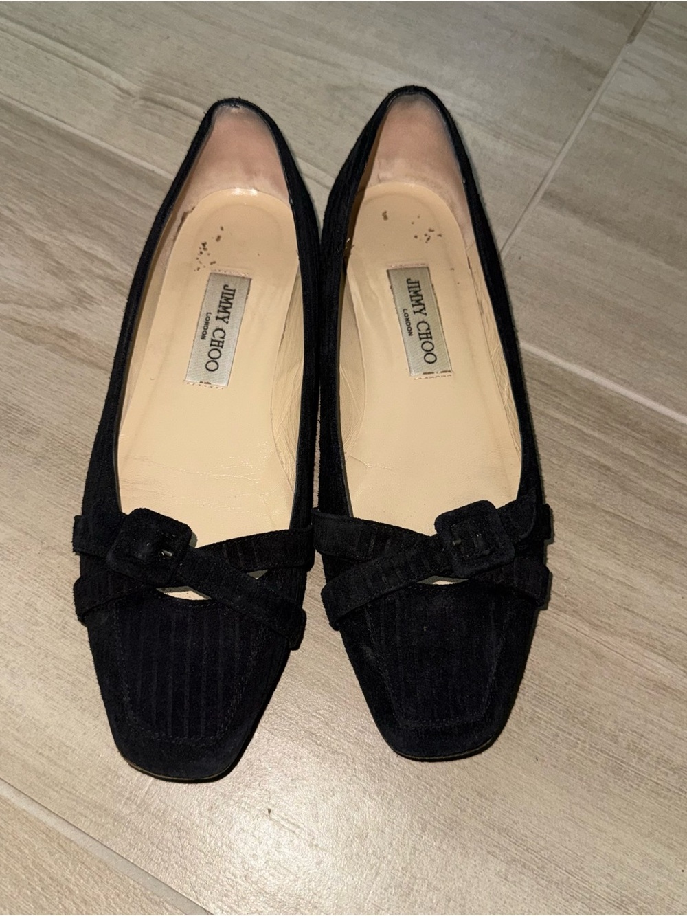 Jimmy Choo Black Suede Flats with Buckle Accents, Slip-On 39 or 8.5